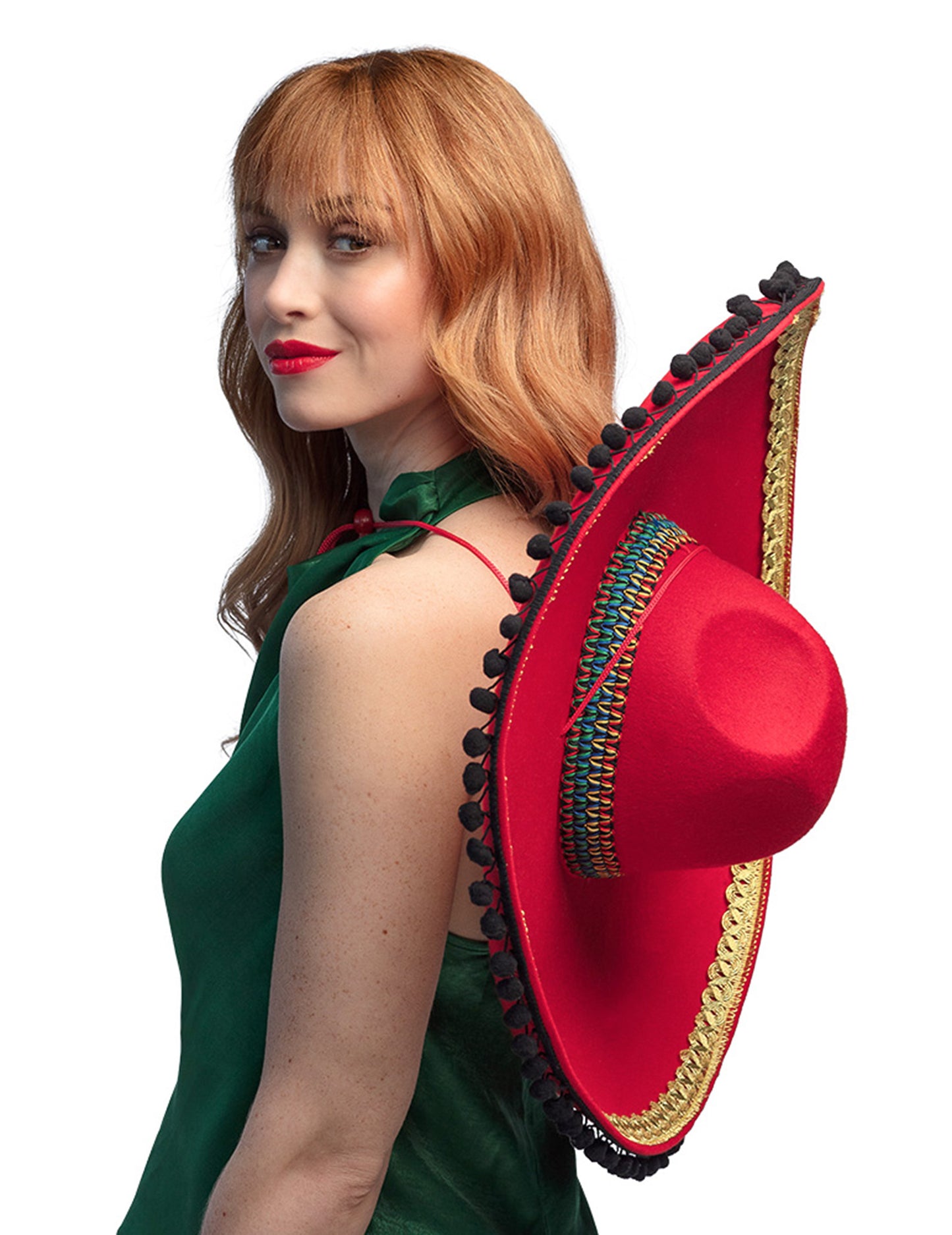 Sombrero mexicain rouge à pompons deluxe adulte