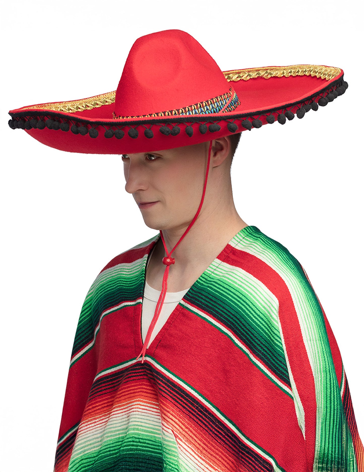 Sombrero mexicain rouge à pompons deluxe adulte