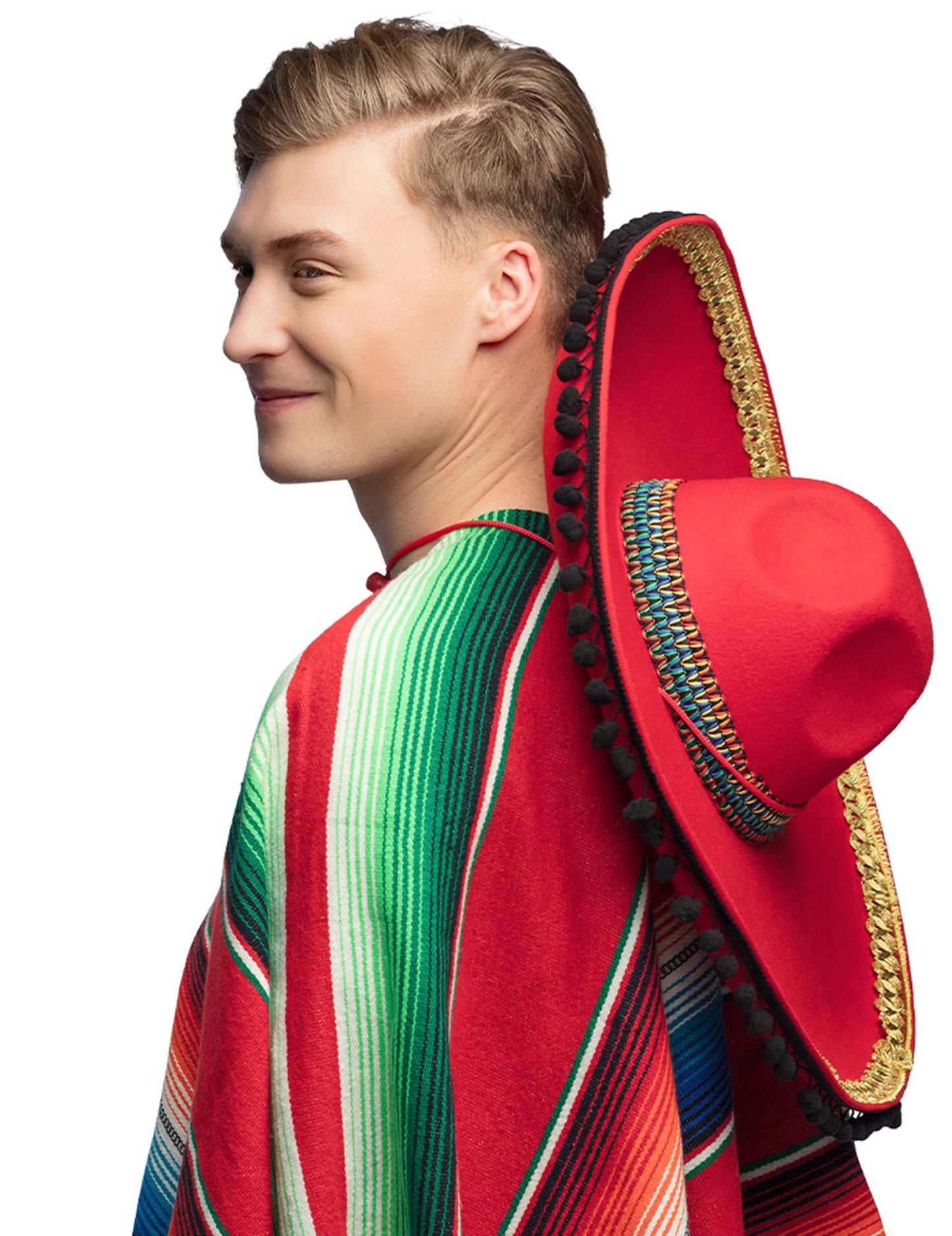 Sombrero mexicain rouge à pompons deluxe adulte