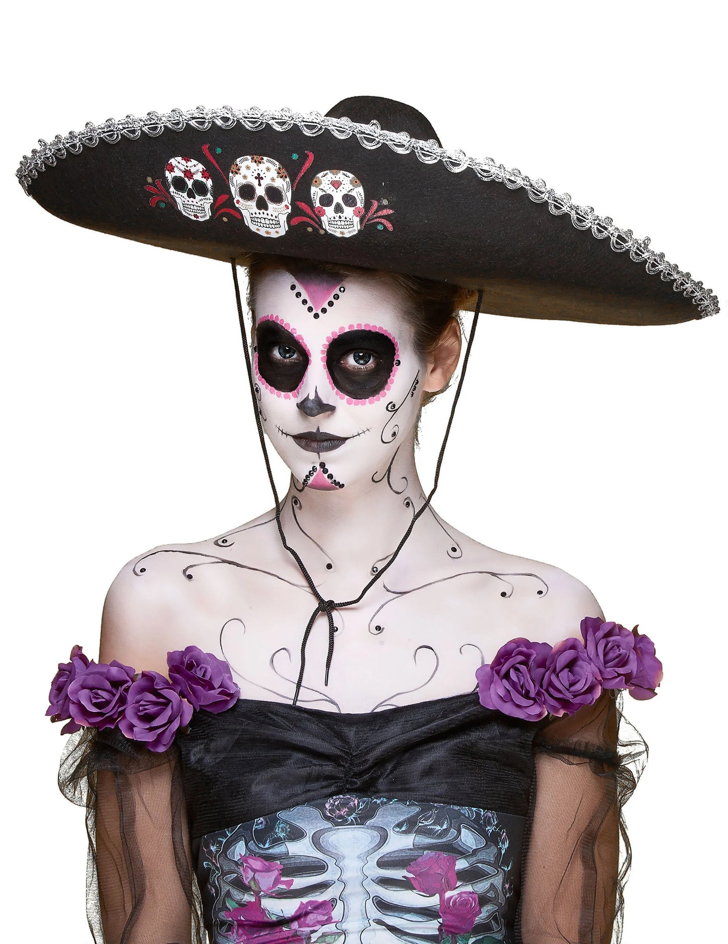 Sombrero negru dia de los Muertos Finisaje de argint pentru adulți