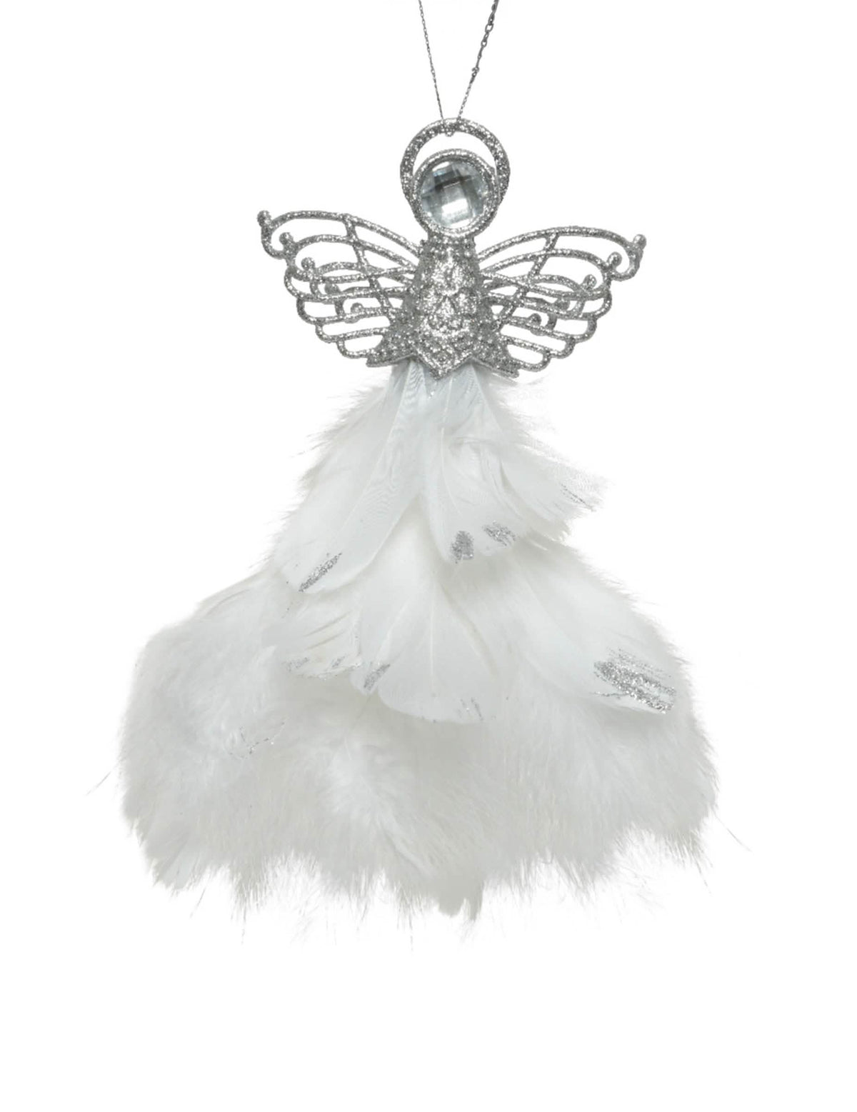 Suspension ange argenté et plumes blanches