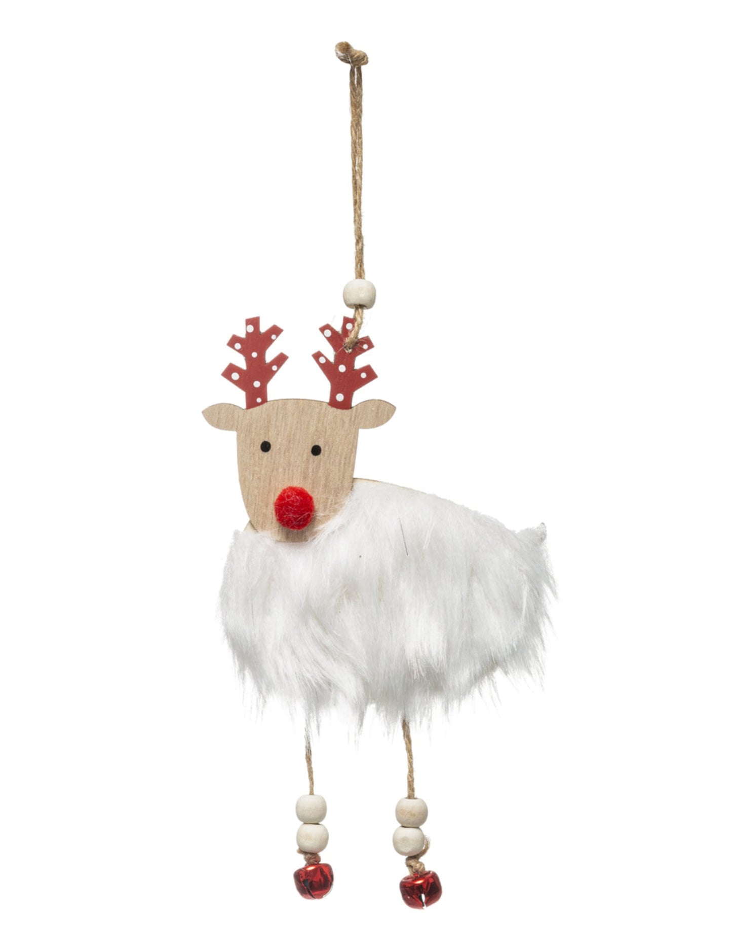 Suspension renne en bois pour décoration avec fourrure blanche et grelots rouges