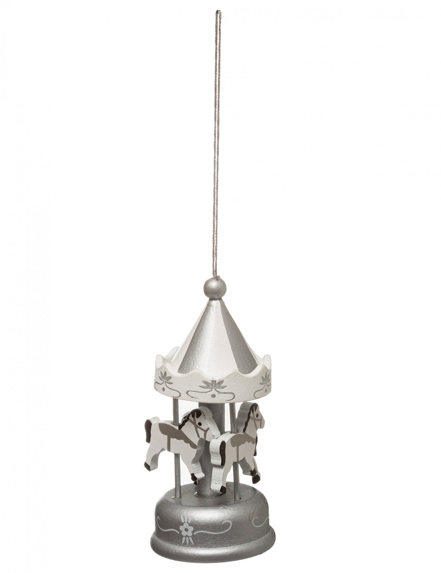 Suspension carrousel pour sapin argenté avec chevaux de bois
