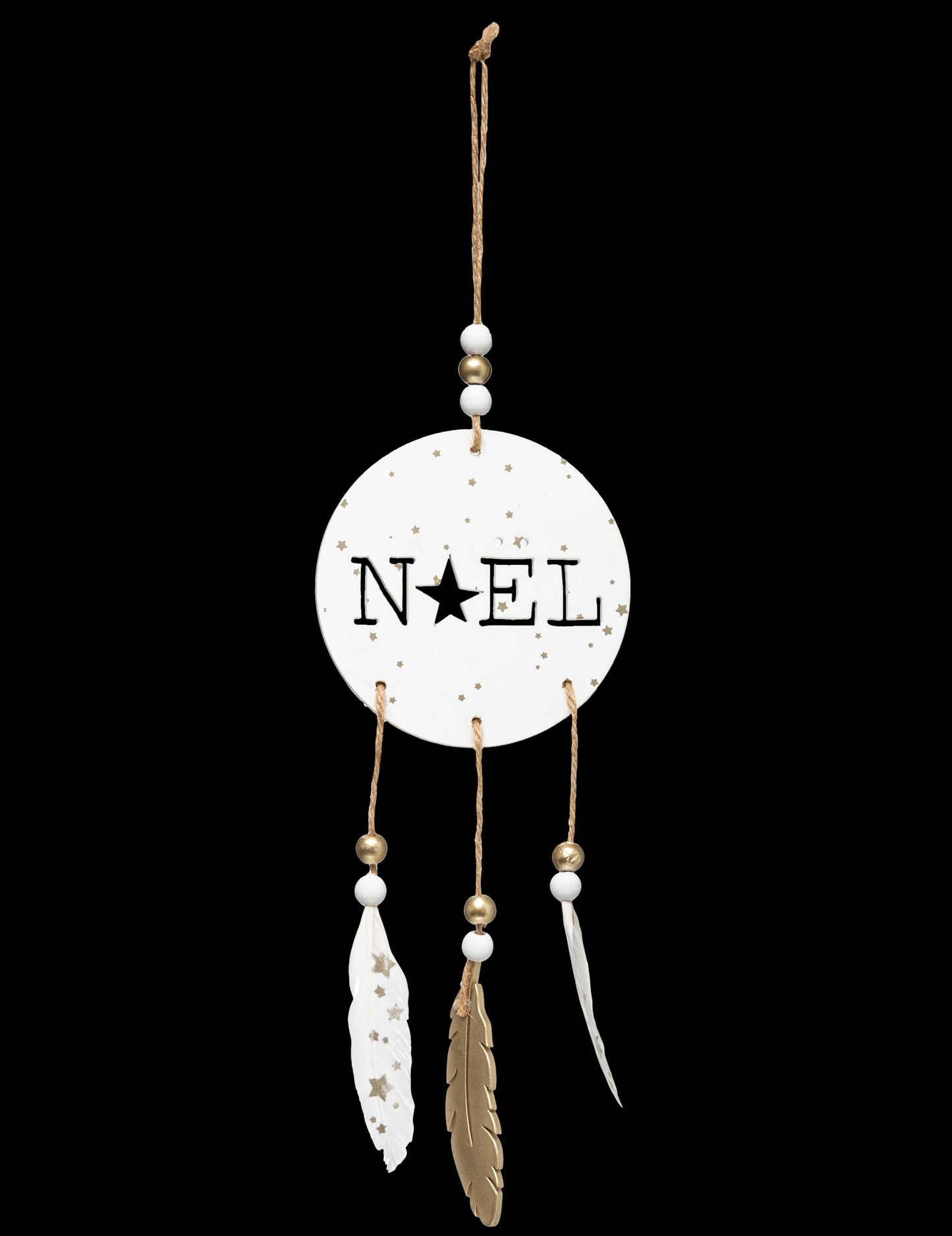 Decorațiune suspendată din lemn pentru Crăciun, stil boho, cu pene 28 cm alb și auriu
