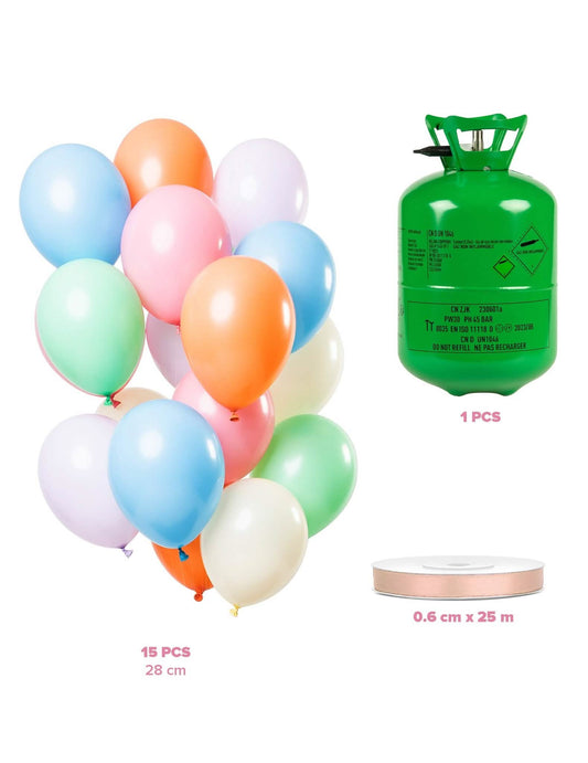 Kit cu butelie de heliu și 15 baloane pastel cu panglică din satin