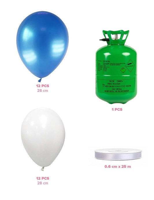 Kit cu butelie de heliu cu 12 baloane albe, 12 baloane albastre și panglică