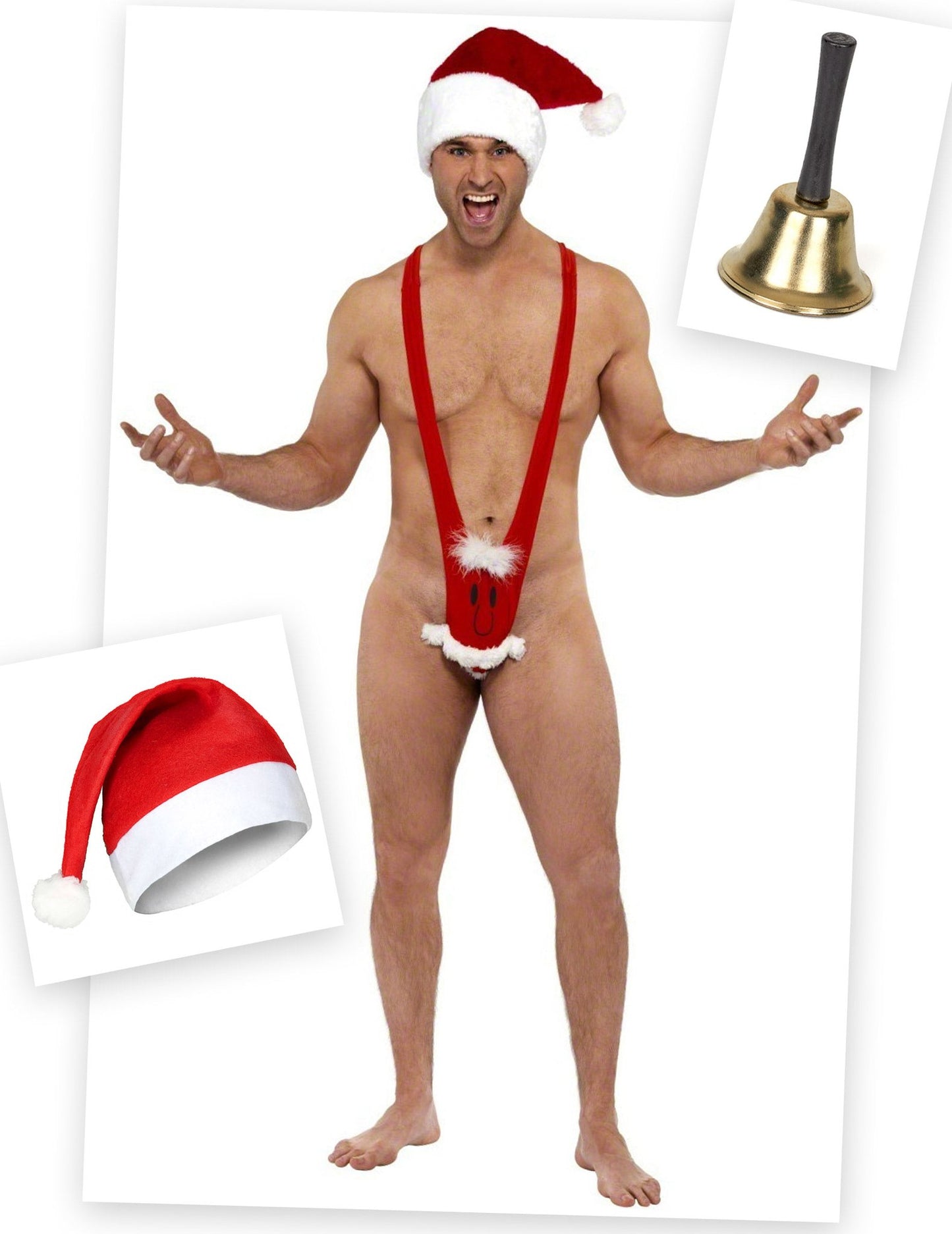 Pack déguisement Mankini Père Noël avec bonnet et cloche
