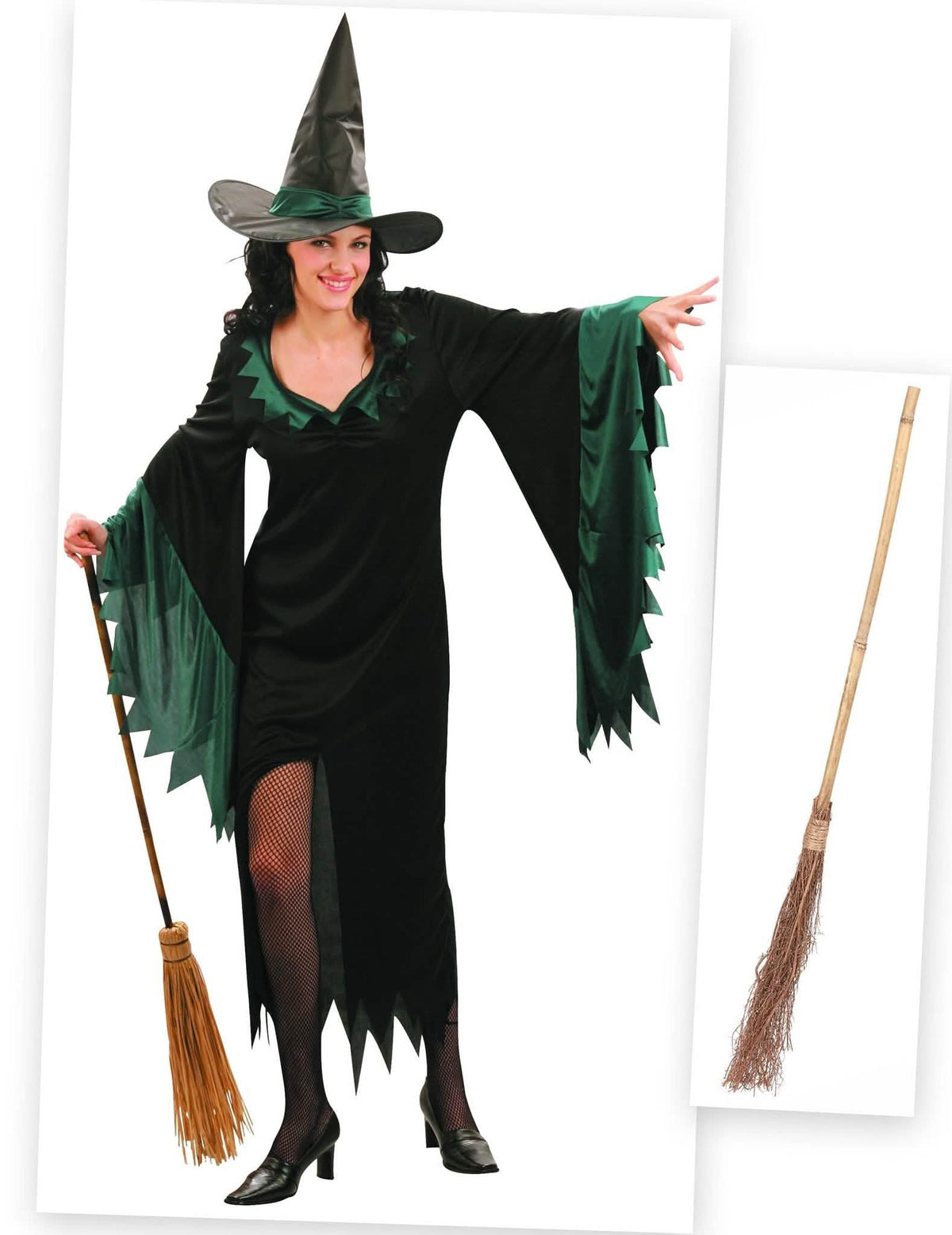 Pachet costum de vrăjitoare pentru femeie cu mătură de Halloween