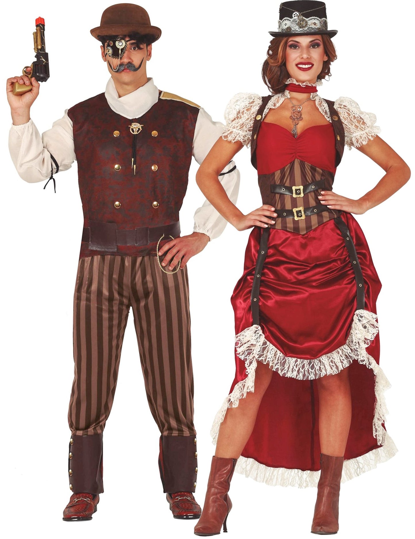 Costum de cuplu steampunk roșu pentru adulți