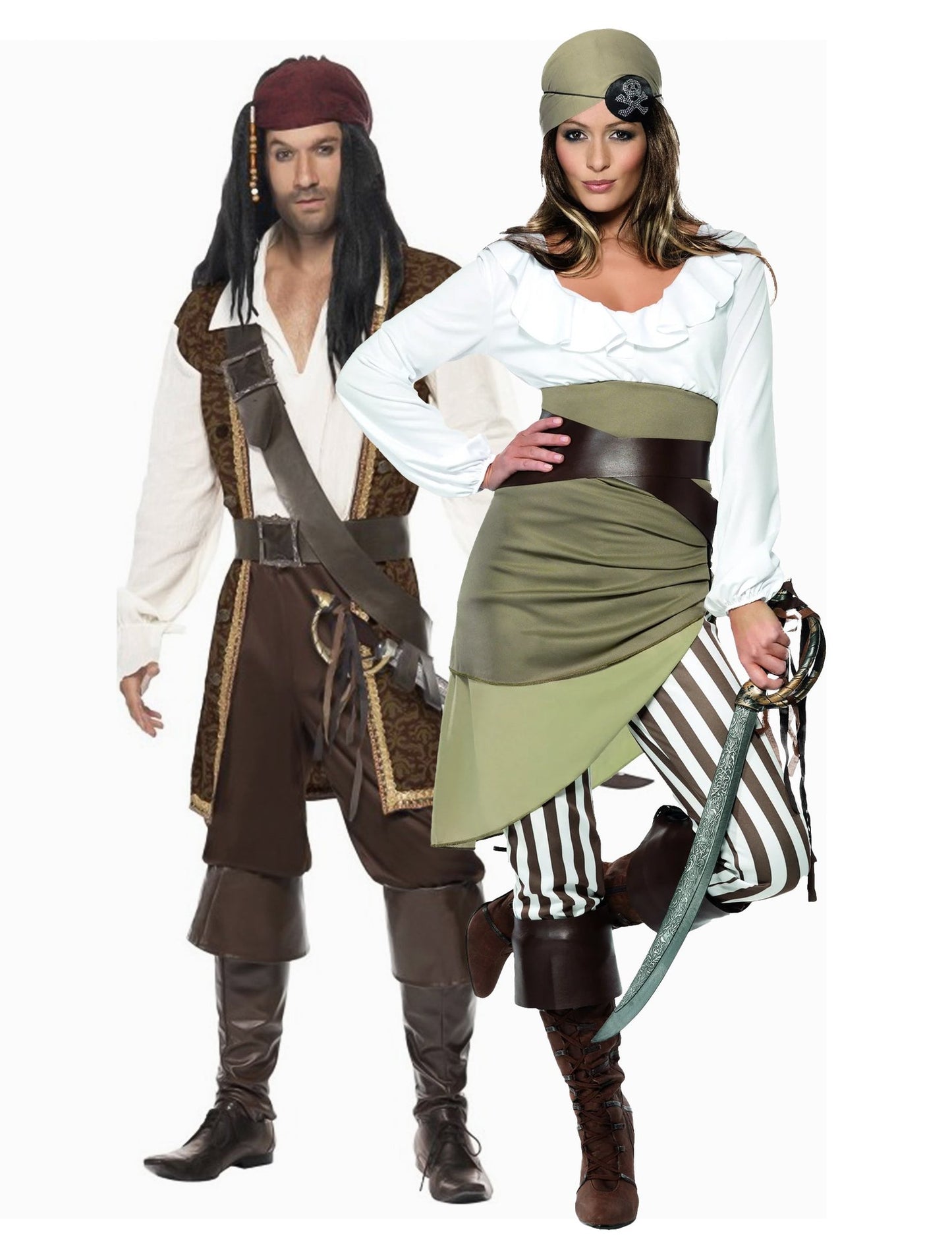 Costum de cuplu pirat maro și verde pentru adulți