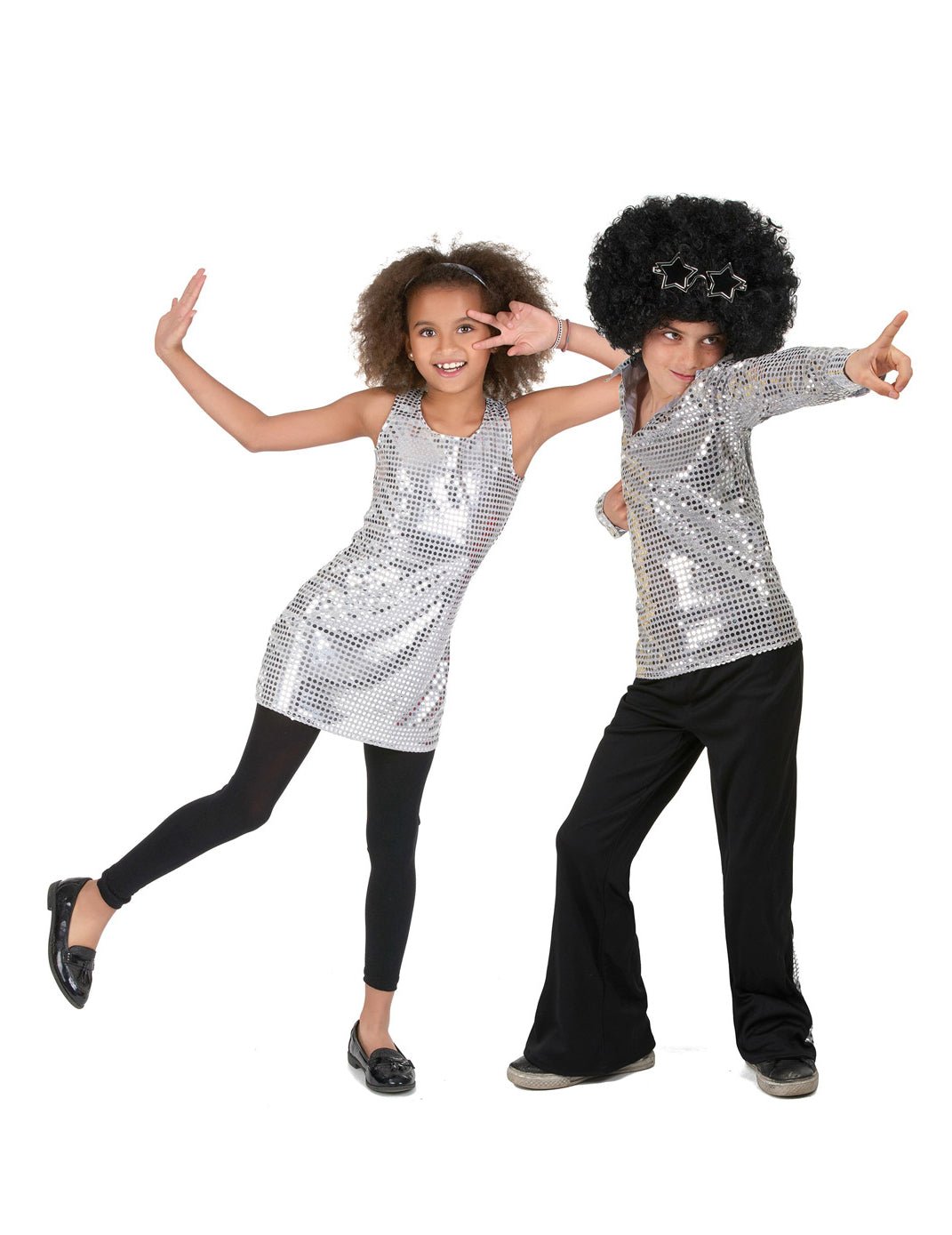 Costum de cuplu disco cu paiete argintii pentru copii