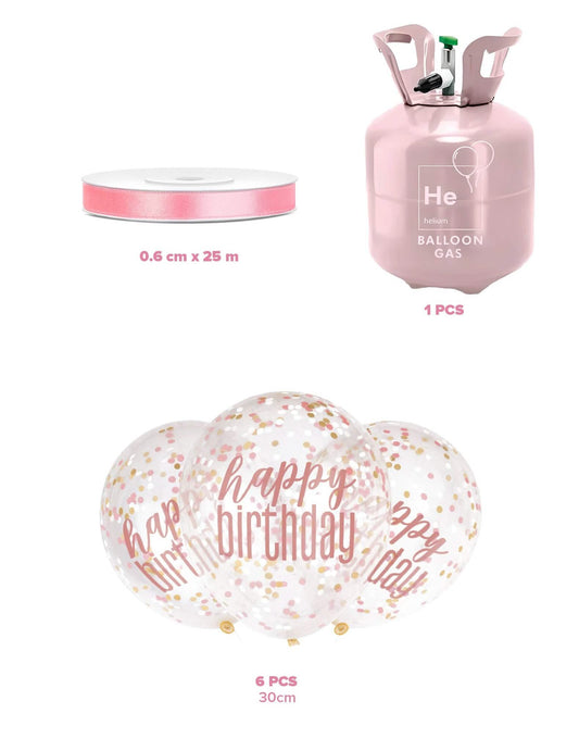 Kit butelie de heliu cu 6 baloane cu confetti Happy Birthday și panglică
