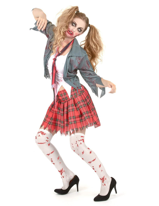 Pachet costum de zombie școlăriță cu sânge fals și ciorapi de Halloween