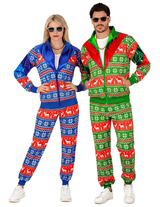 Costum de cuplu trening verde și roșu de Crăciun pentru adulți