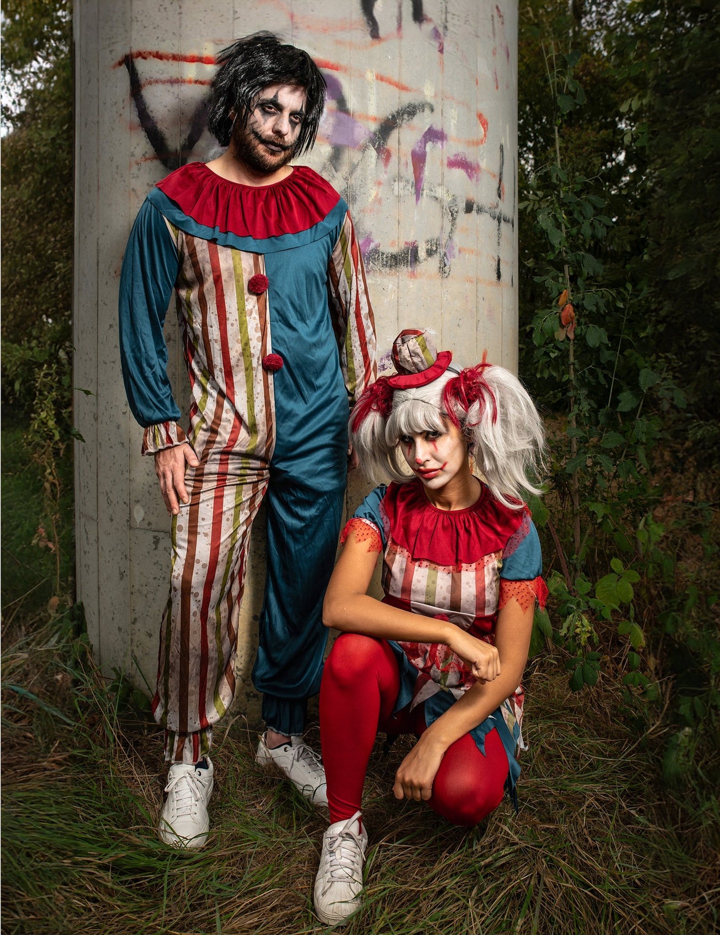 Costum de cuplu de clovni colorați de Halloween