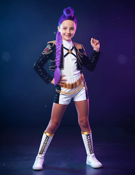 Kit costum și perucă Rumi Gold Kpop Demon Hunter™ pentru fete