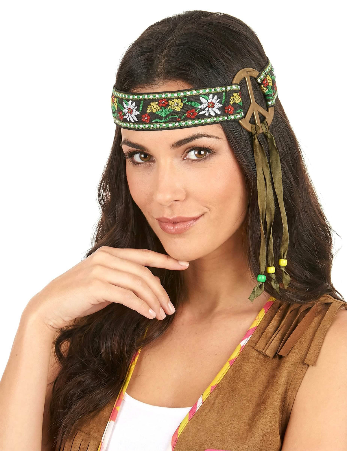 bandă de cap peace pentru adult negru cu flori, cu medalion bronz și panglici verzi