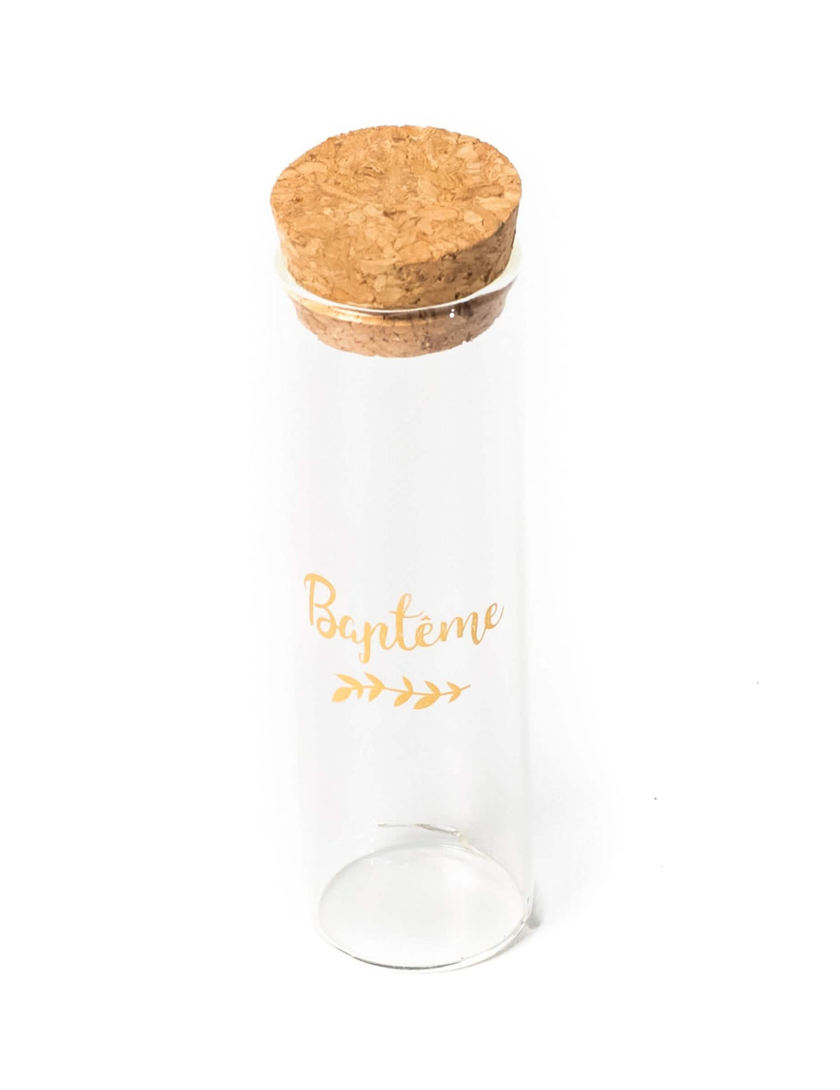 Tube à essai en verre baptême avec laurier doré et bouchon en liège
