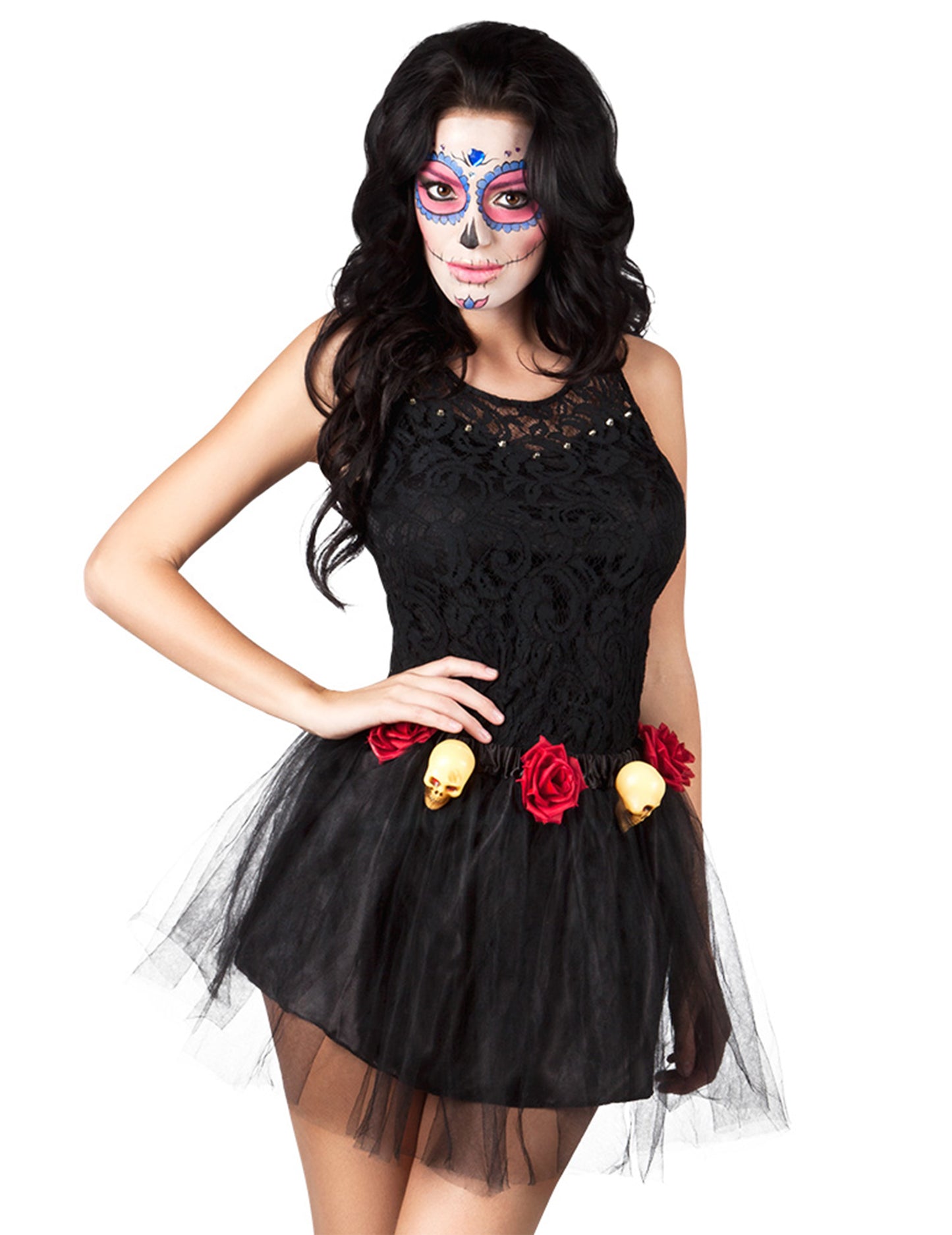 Schelet Tutu Negru și femeie roz Dia de los Muertos