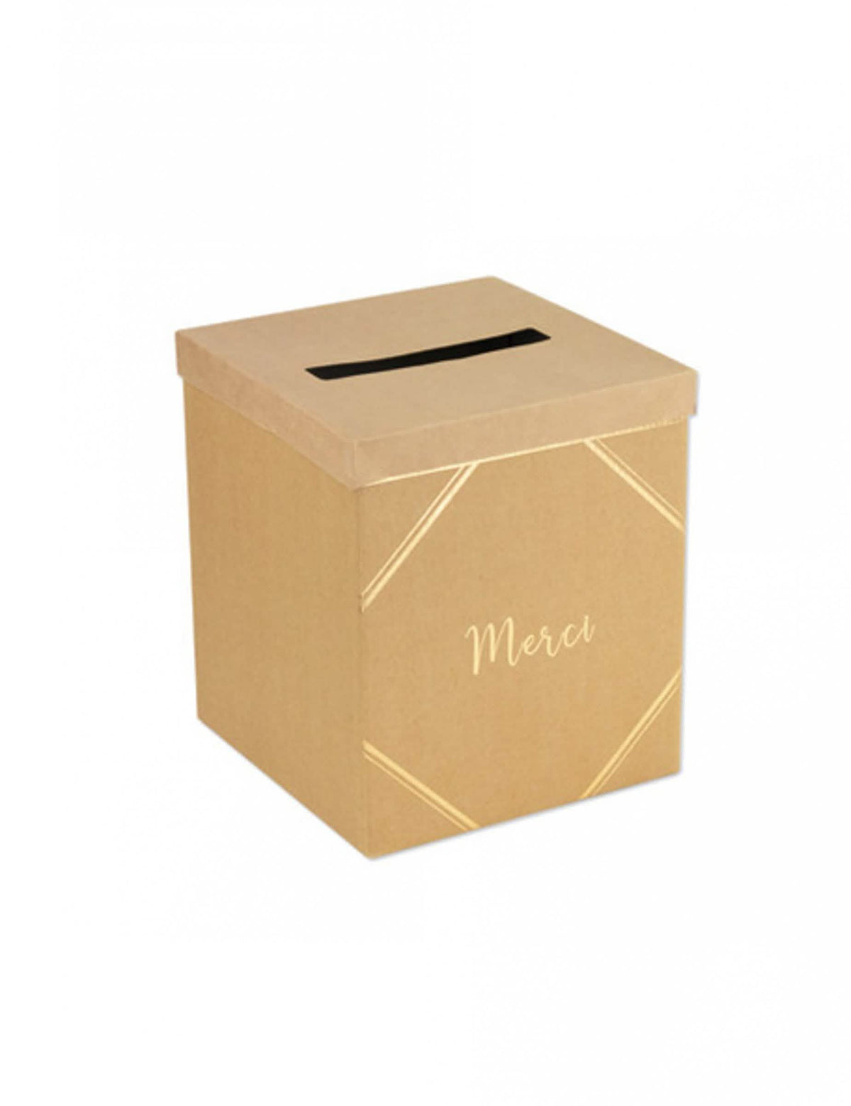 Urnă din carton kraft și auriu pentru nuntă cu inscripția mulțumim