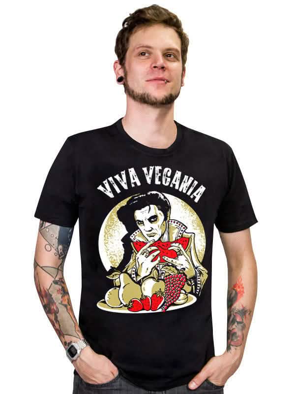 tricouri vegan Viva Vegania pentru bărbat negru cu motiv parodie de Elvis și fructe
