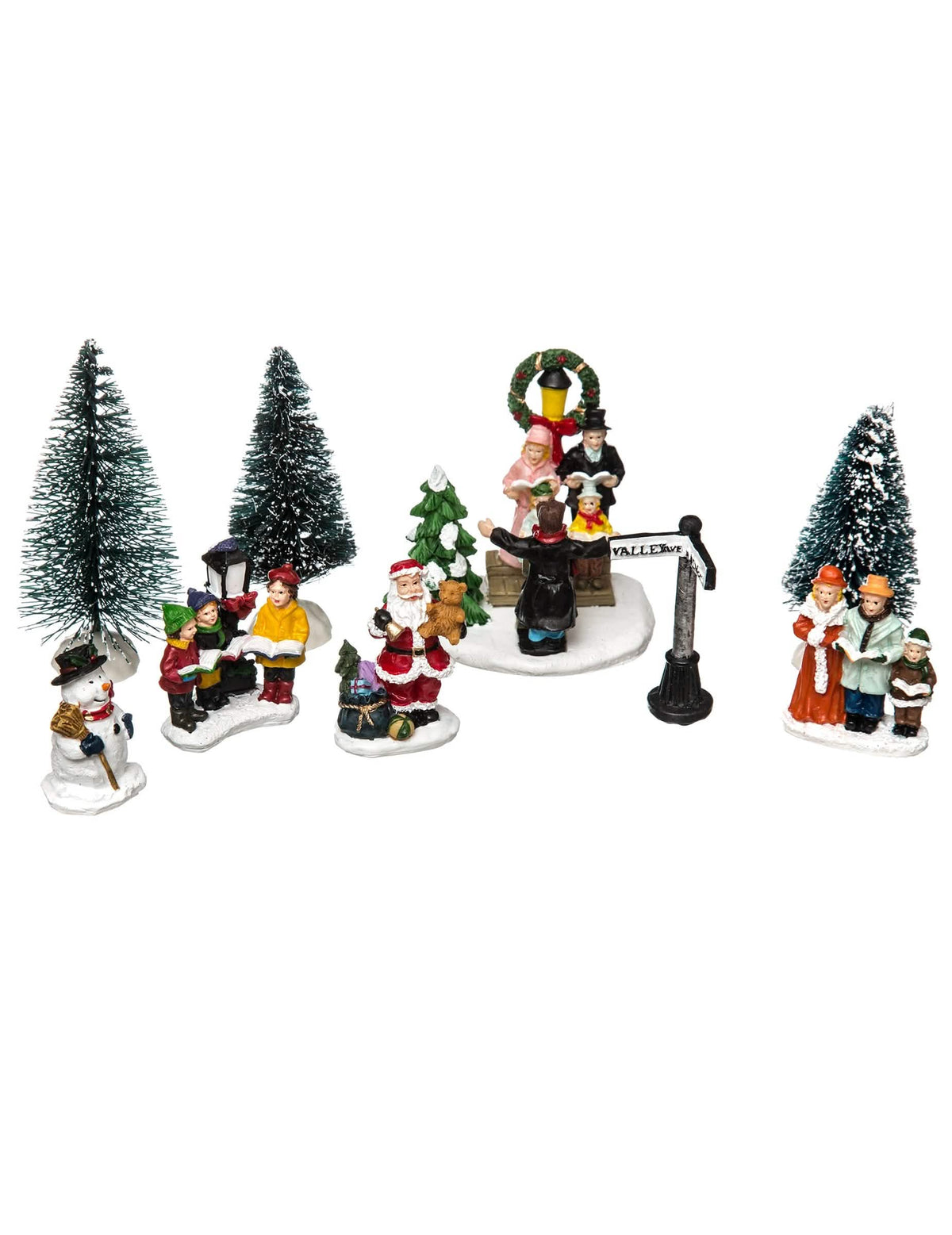 Figurine de sat de sat de Crăciun corul lui Moș Crăciun pentru decor multicolor cu brazi și om de zăpadă