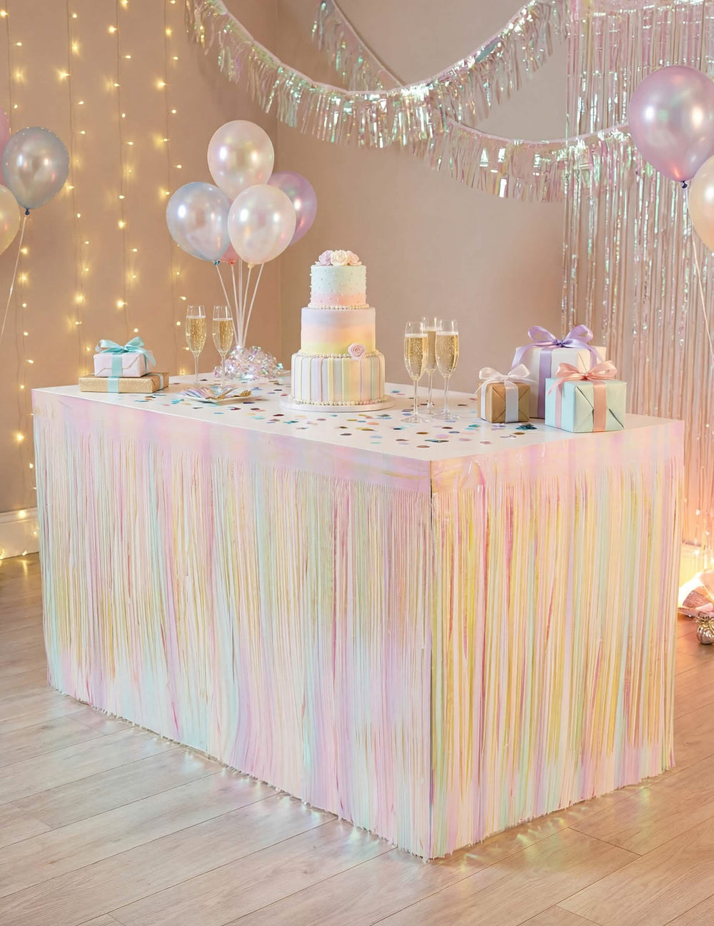 Jupe de table à franges irisées pour fête pastel multicolore
