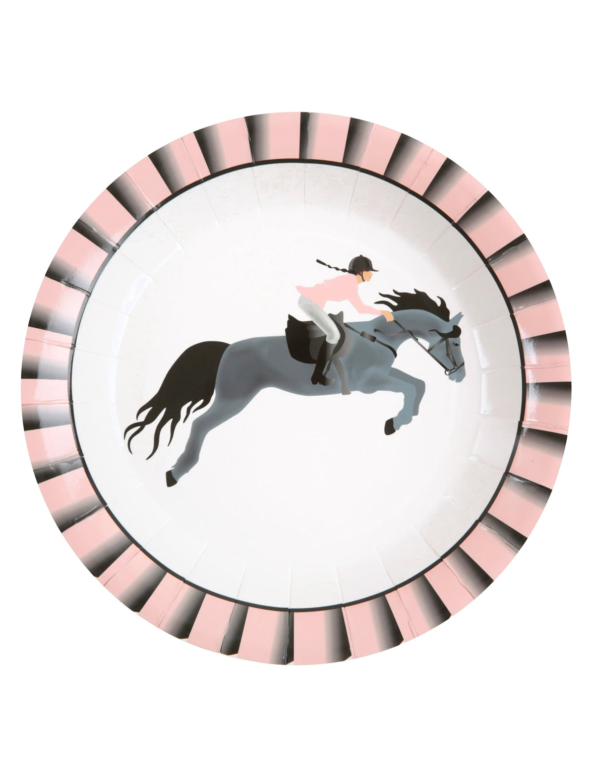 Assiettes en carton équitation pour enfant rose avec bordure rayée et motif de cheval