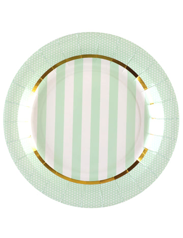 Assiettes en carton baby shower menthe à rayures et pois avec bordure dorée