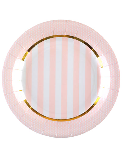 Assiettes en carton baby shower pour fête roses à rayures et pois avec bordure dorée