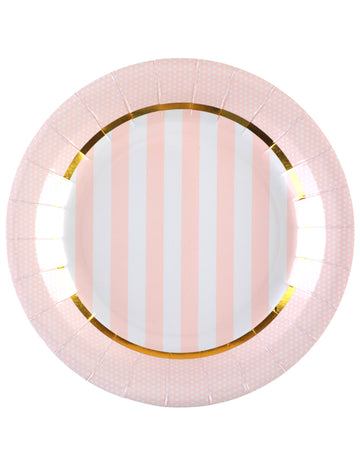 Assiettes en carton baby shower pour fête roses à rayures et pois avec bordure dorée