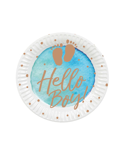 10 farfurii de carton Hello Boy albastre și aurii, 23 cm petrecere pentru bebeluși