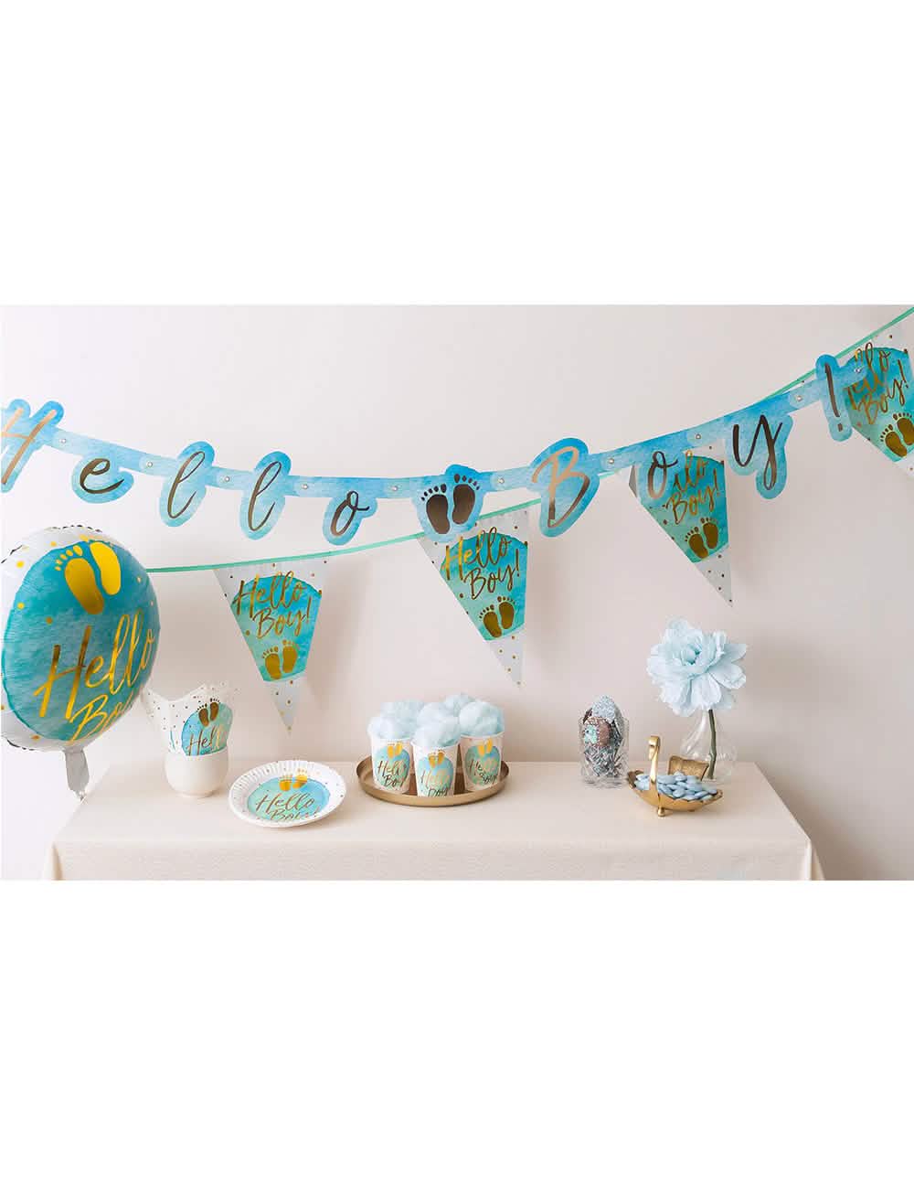 Aranjare de masă de petrecere cu farfurii din carton Hello Boy pentru baby shower albastru și auriu