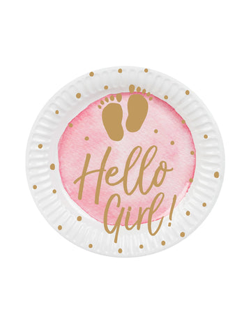 10 assiettes en carton hello girl rose et or 23 cm pour baby shower