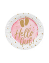 Assiettes en carton Hello Girl pour baby shower rose et or