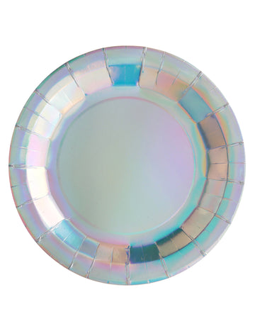 Assiettes en carton iridescentes pour fête aux reflets multicolores
