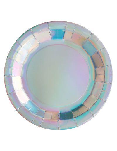Assiettes en carton iridescentes pour fête aux reflets multicolores