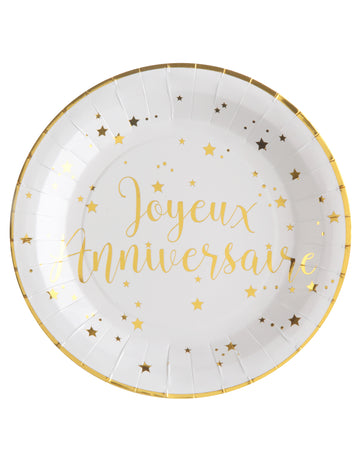 Assiettes en carton Joyeux Anniversaire pour fête blanc et doré avec étoiles