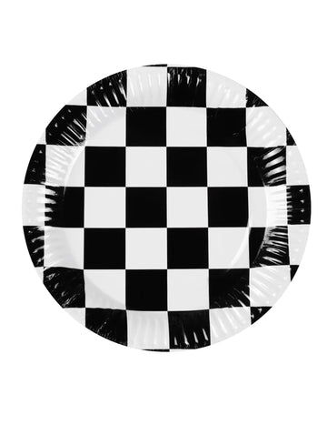 Assiettes en carton racing à motif damier noir et blanc