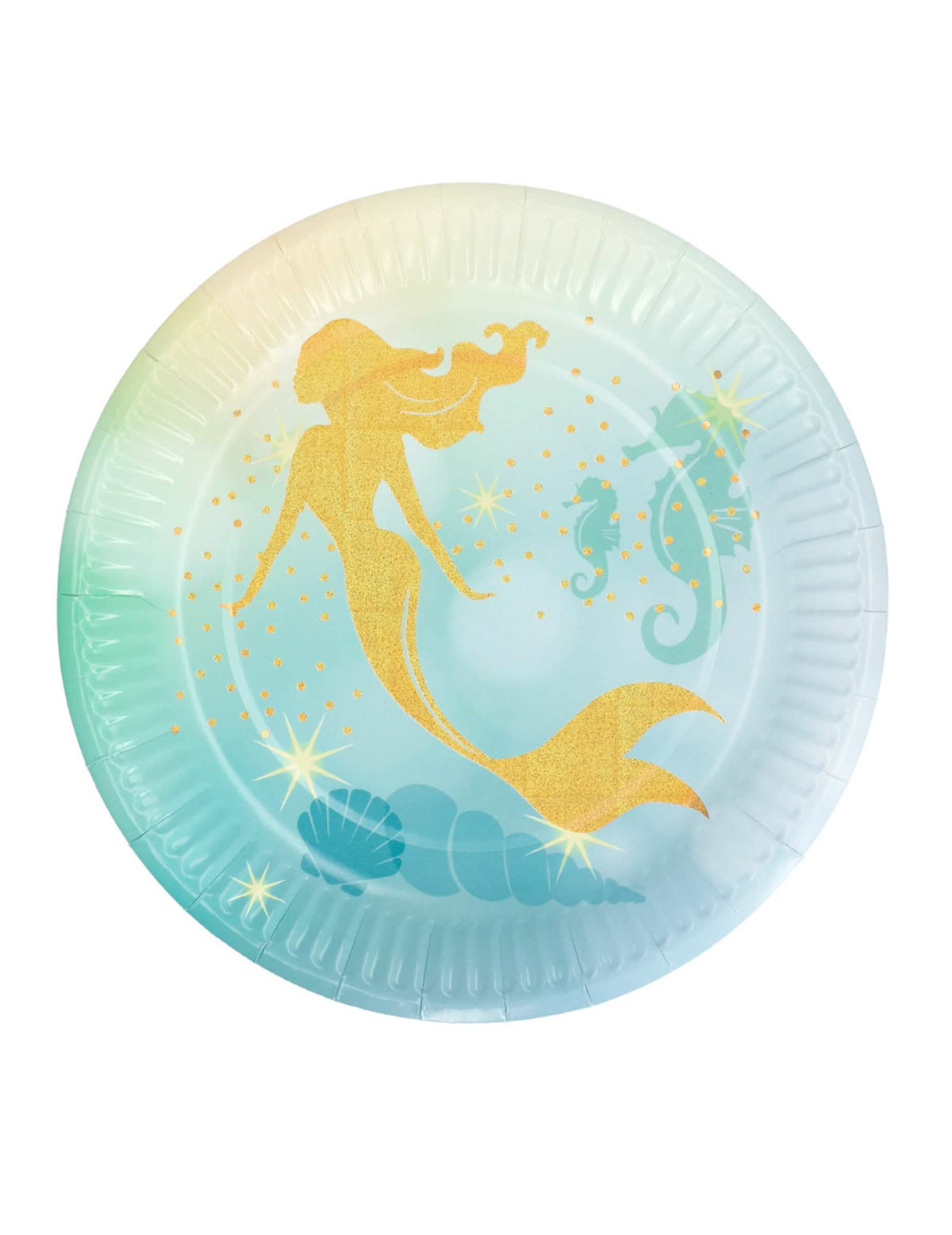 Assiettes en carton sirène dorée bleu turquoise et vert avec motifs marins