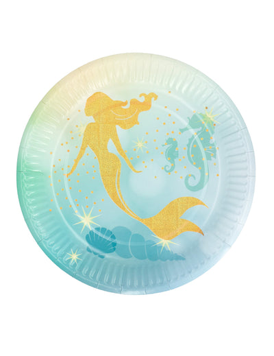 Assiettes en carton sirène dorée bleu turquoise et vert avec motifs marins