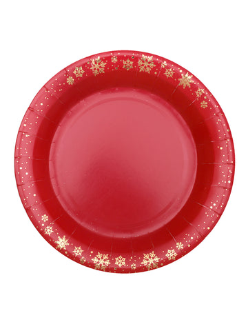 10 assiettes en carton rouge flocon d'or 22,5 cm pour noël