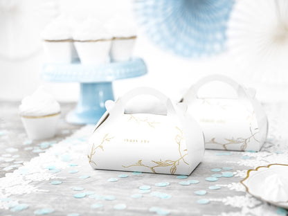 10 cutii de tort „mulțumesc” din carton albe și aurii, cu mânere