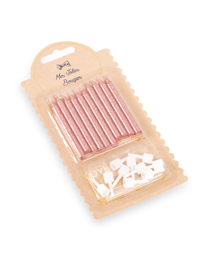 10 bougies avec bobèches d'anniversaire rose gold pailletées