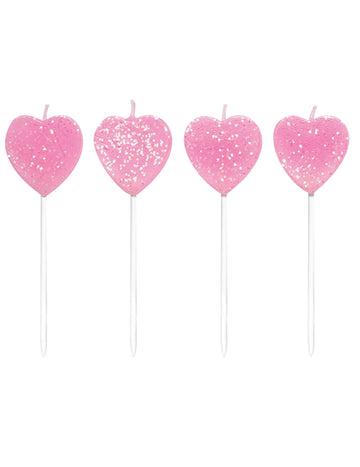 10 lumânări pe bețișoare cu inimi roz 7 cm cu sclipici 