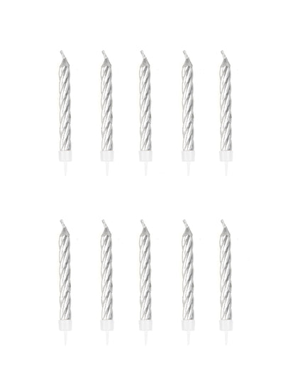 10 bougies d'anniversaire argentées 6,5 cm avec bobèches