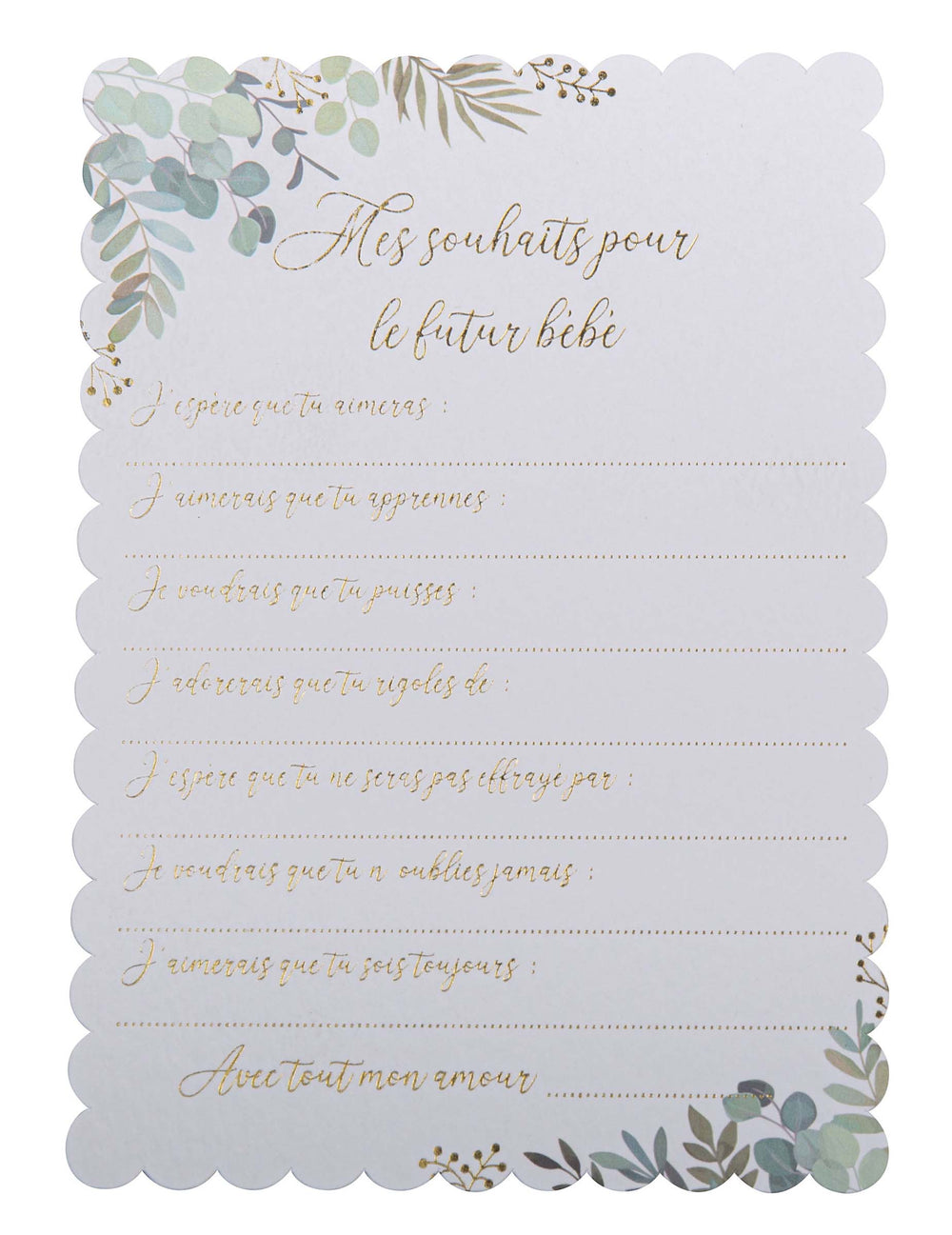 Cartes de souhaits Oh Baby pour baby shower avec motifs eucalyptus et texte doré