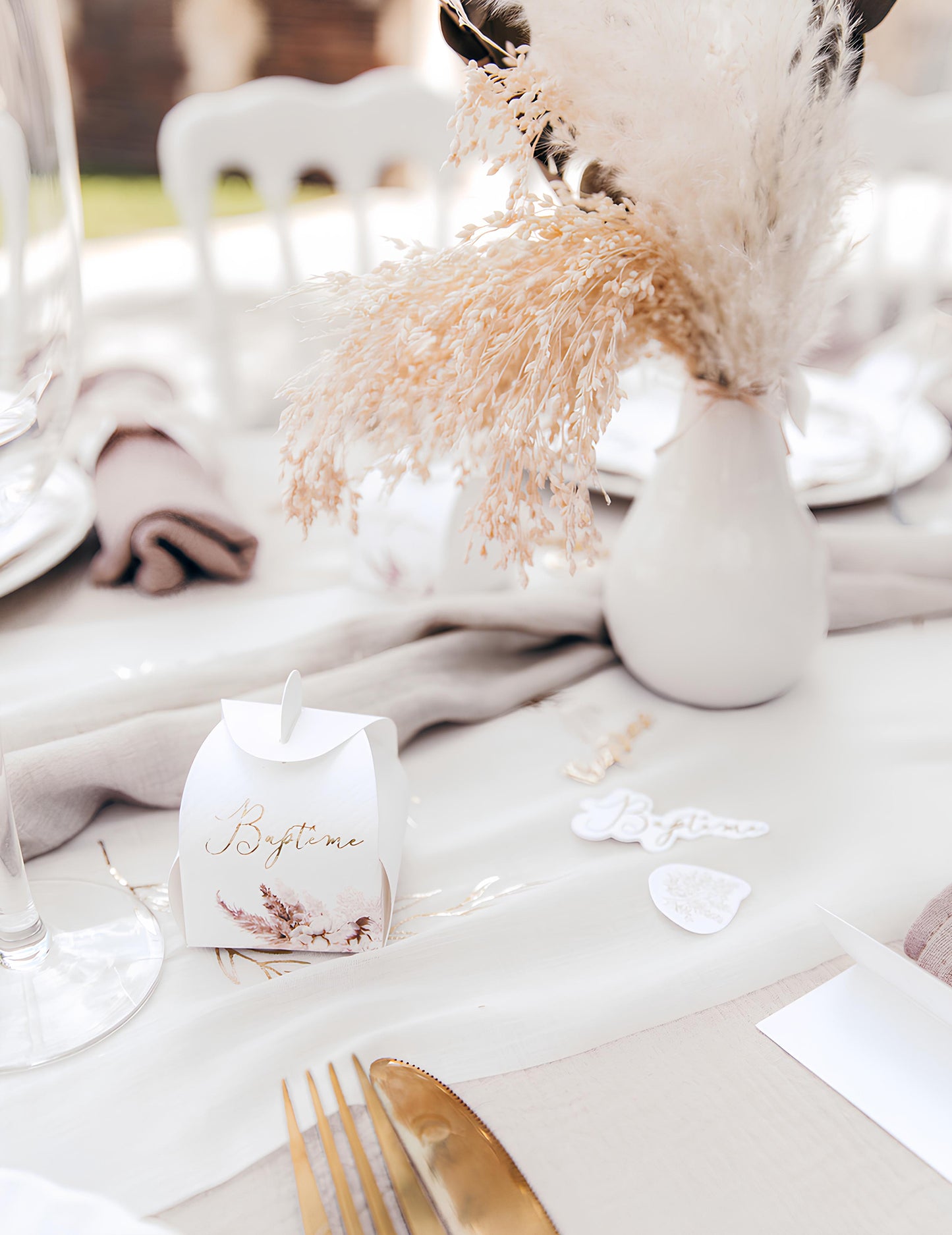 10 recipiente de botez din carton cu iarbă de pampas și flori de bumbac (5x7 cm) cm