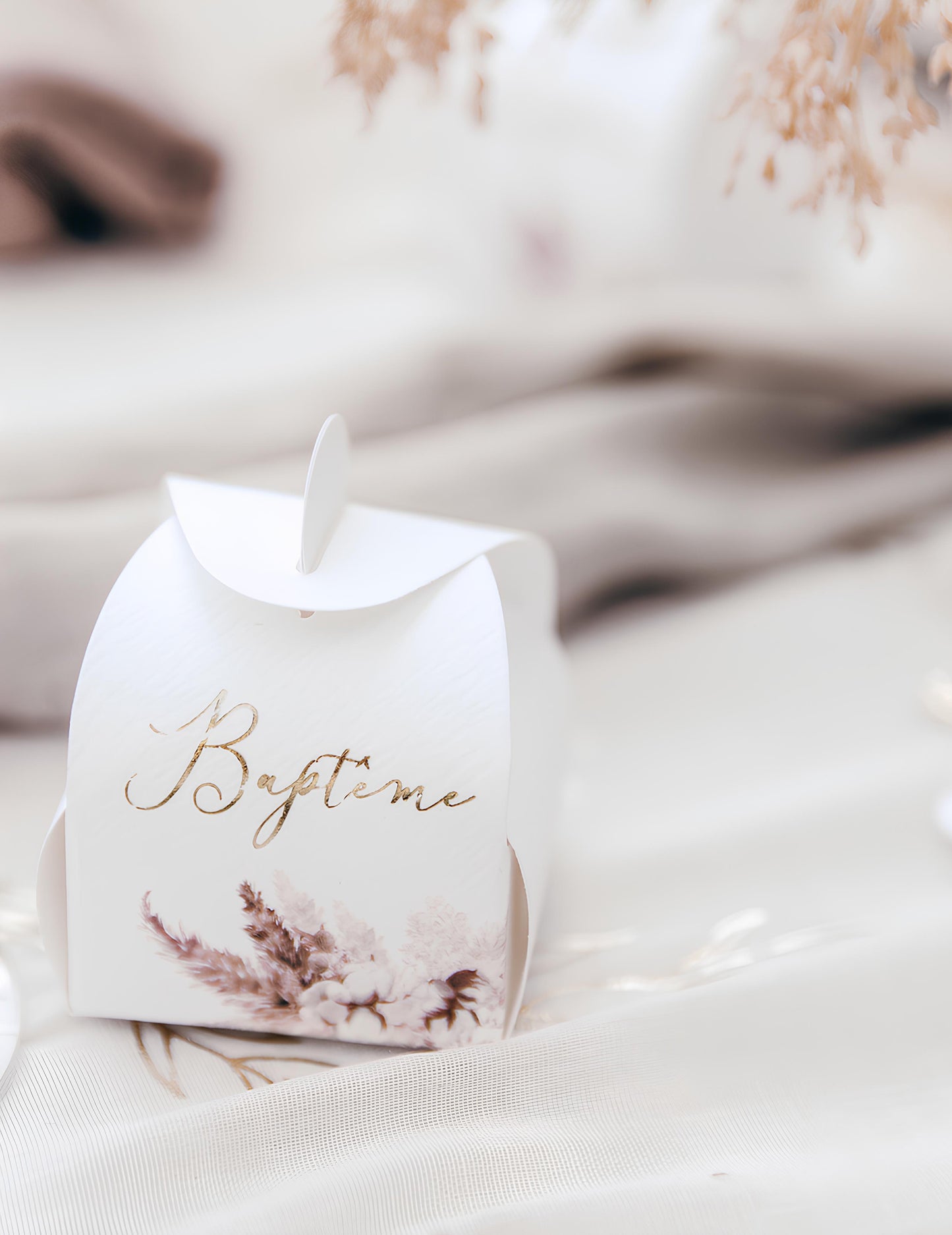 10 recipiente de botez din carton cu iarbă de pampas și flori de bumbac (5x7 cm) cm