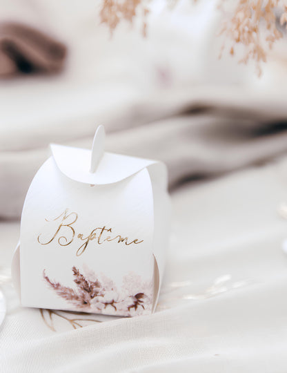 10 recipiente de botez din carton cu iarbă de pampas și flori de bumbac (5x7 cm) cm